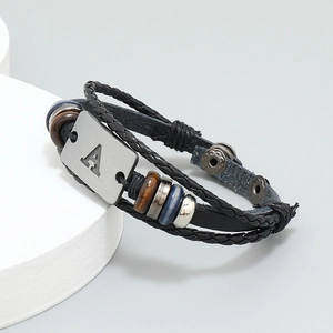 Retro multi-layer braided leather bracelet with silver letter A metal plate and bead accents