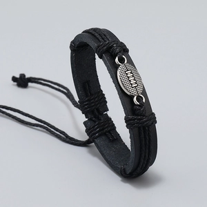 Men's handmade woven black leather multilayer bracelet with silver alloy rugby charm
