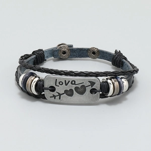 Punk style multilayer braided leather bracelet with silver Love heart and arrow charm