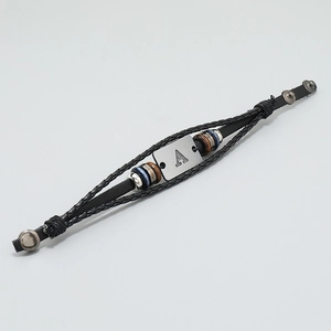 Punk style multi-layer black braided leather bracelet with letter A metal plate