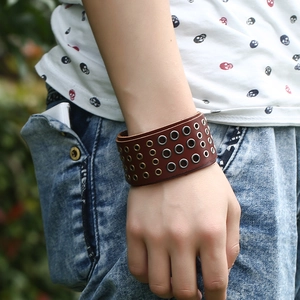 Punk style wide multilayer brown leather bracelet with four rows of metal eyelets