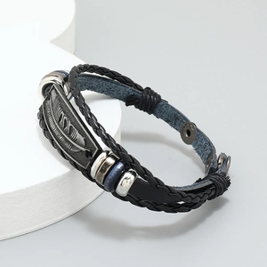 Men's multilayer leather bracelet with retro feather charm and blue beads on white base