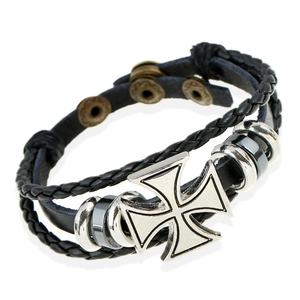 Punk Men Multi-layer Braided Synthetic Leather Bracelet Alloy Cross Charm Vintage Adjustable Hand-woven Wristband Jewelry Gift