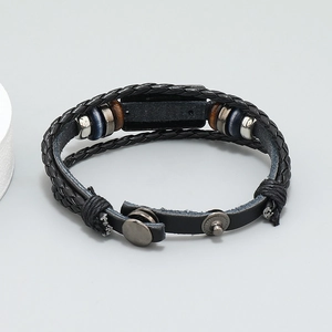 Men's retro braided black leather bracelet with metal rings and wooden beads