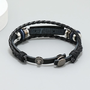 Adjustable black braided leather bracelet with silver beads and blue accents for men