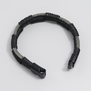 Handmade woven vintage leather bracelet with magnetic metal clasp for men in black
