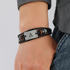 Punk multilayer braided leather bracelet with tiger eye beads and engraved metal plate