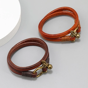 Retro double-wrap leather bracelets for men with horseshoe buckle and charms