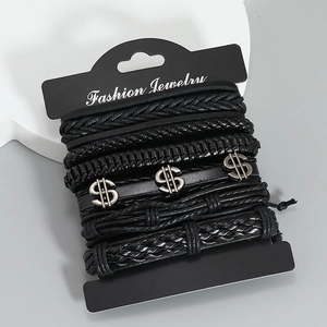 Details von 6-teiliges schwarzes Lederarmband Set mit silbernen Dollar-Anhängern