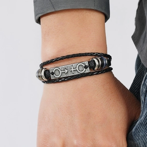 Men's retro layered braided black leather bracelet with engraved metal plate