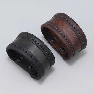 Handmade vintage wide leather bracelet with stitching and metal snap button closure