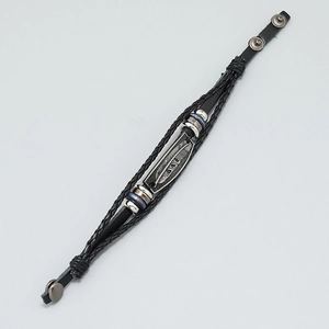 Mens vintage multilayer black leather bracelet with silver feather charm and blue beads