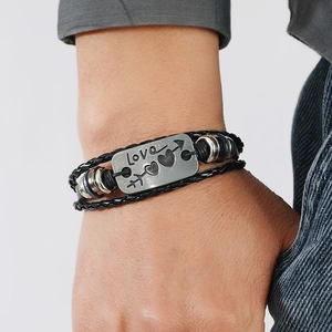 Punk style multi-layer braided leather bracelet featuring an engraved Love heart metal plate
