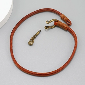 Retro brown braided leather men's bracelet with vintage brass horseshoe buckle clasp