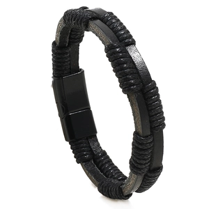 Handmade woven black leather bracelet for men with secure magnetic buckle closure