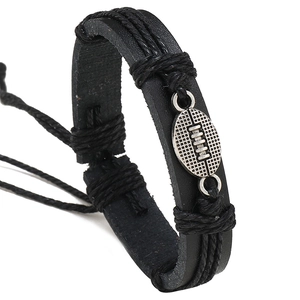 Men Handwoven Artificial Leather Bracelet With Alloy Rugby Ornament Vintage Punk Style Adjustable Cord Sports Fan Jewelry