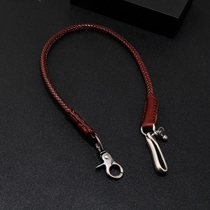 Retro hand-woven brown leather chain for jeans with metal lobster clasp and small bell charm