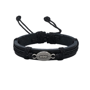 Handmade woven black leather bracelet with silver rugby charm for men, adjustable size