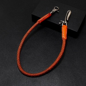 Retro hand-woven brown leather wallet chain with vintage metal hooks for biker jeans