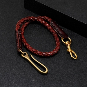 Braided dark brown leather wallet chain with antique bronze hooks for jeans and bikers