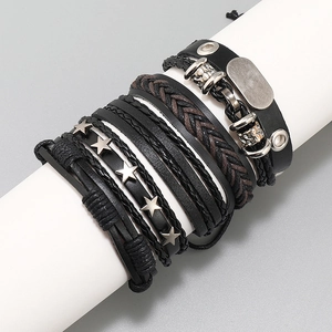 Five-piece multi-layer braided leather bracelet set for men with silver star metal charms