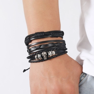 Men's punk multilayer braided leather bracelet set featuring vintage silver skull charms