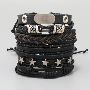 Five-piece handmade multilayer leather bracelets with adjustable ropes and star charms