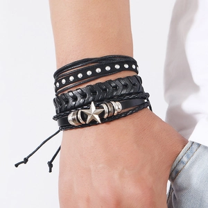 Men's 6-piece multilayer braided leather bracelet set with star pendant and punk style