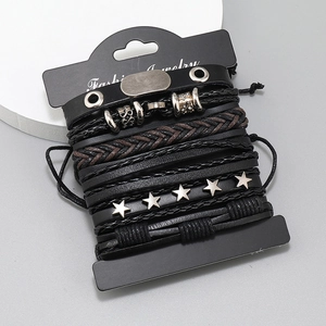 Five-piece layered braided leather bracelet set with metal star charms on card