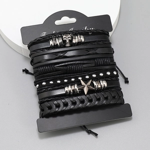 6pcs punk multi-layer leather bracelet set with skull and star charms for men