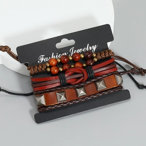 Three-piece retro brown leather layered bracelet with wood beads and silver studs