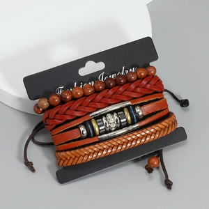 Set of 4 vintage braided leather bracelets with wooden beads and metallic accents