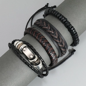 Men's 4-piece handmade woven leather bracelet set with vintage metal charms and black beads