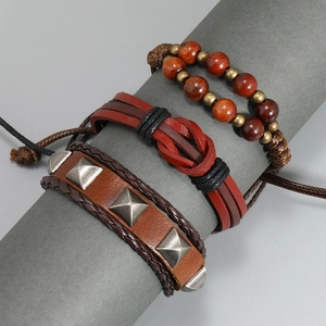Three-piece set of brown leather and wood bead bracelets for men in vintage hip-hop style