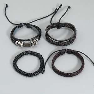 Men's retro four-piece set of handmade braided leather bracelets with beads and metal charms