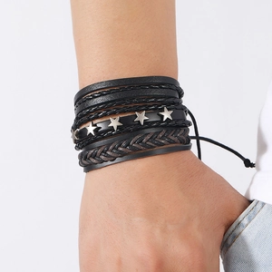 Handmade multilayer braided leather bracelet set for men with metal star accents and adjustable cord