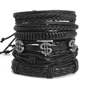 Handgewebte Schwarze Mehrlagige Kunstleder Armbänder Geflochtene Wachskordel Legierung Dollarzeichen Achieve Charm Punk Armreif Herren Schmuck