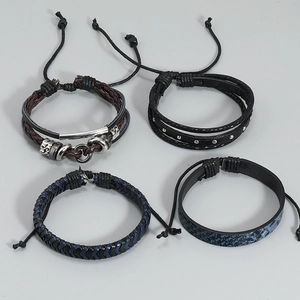 Set of 4 vintage braided leather bracelets for men with adjustable cords in a 2x2 layout