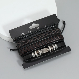 Set of 4 vintage braided leather bracelets for men with adjustable cords and beads