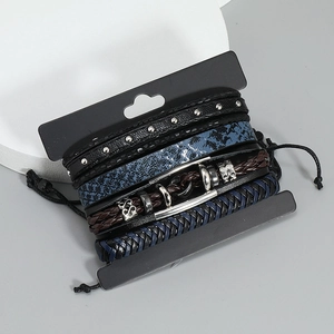 Men's 4-piece set of multilayer leather bracelets with woven cords and metal charms