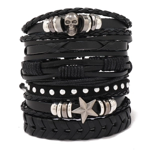 Vintage 6Pcs Men Punk Skull Star Leather Bracelet Set Woven Multi Layer Adjustable Wristband Hip Hop Rock Jewelry
