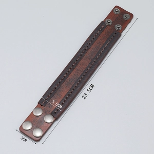 Retro brown leather wide cuff bracelet with handmade stitching and metal studs, 23.5cm length