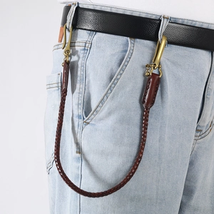 Chaîne de pantalon rétro en cuir tressé marron avec crochets en laiton pour jeans