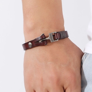 Vintage brown double-layer leather anchor bracelet for men with metal hook clasp