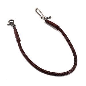 Retro hand-woven brown leather wallet chain with vintage metal hooks for cargo pants