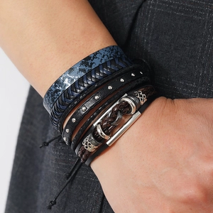 Men's retro punk multilayer leather bracelet set with woven straps and metal studs