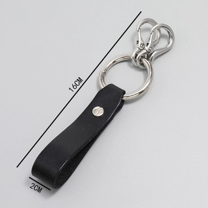 Minimalist punk style cowhide keychain with silver metal rings and double carabiners 16cm