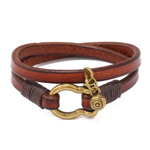 Vintage brown double-wrap leather bracelet with bronze horseshoe buckle for men