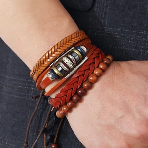 Handmade multilayer leather bracelet set with wooden beads and woven ropes for men