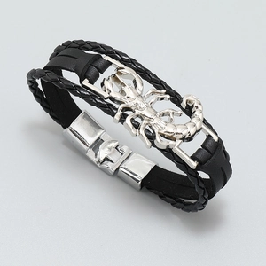 Men's multilayer black leather braided bracelet featuring a silver scorpion metal charm